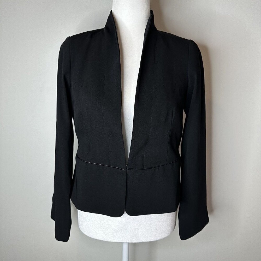 Eileen Fisher Womens Black‎ Leather Trim Hook & Eye Stretch Jacket Blazer PP 4P